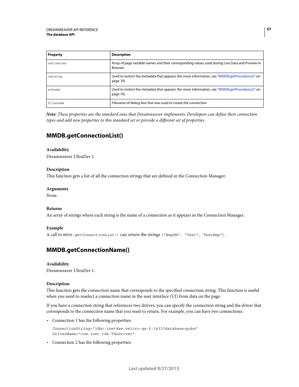 Mmdb.getconnectionlist(), Mmdb.getconnectionname() | Adobe Dreamweaver API Reference CS5 User Manual | Page 62 / 533