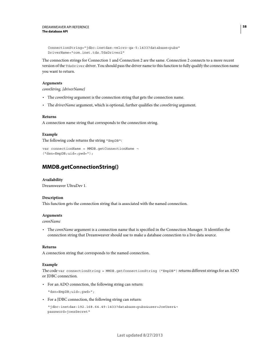 Mmdb.getconnectionstring() | Adobe Dreamweaver API Reference CS5 User Manual | Page 63 / 533