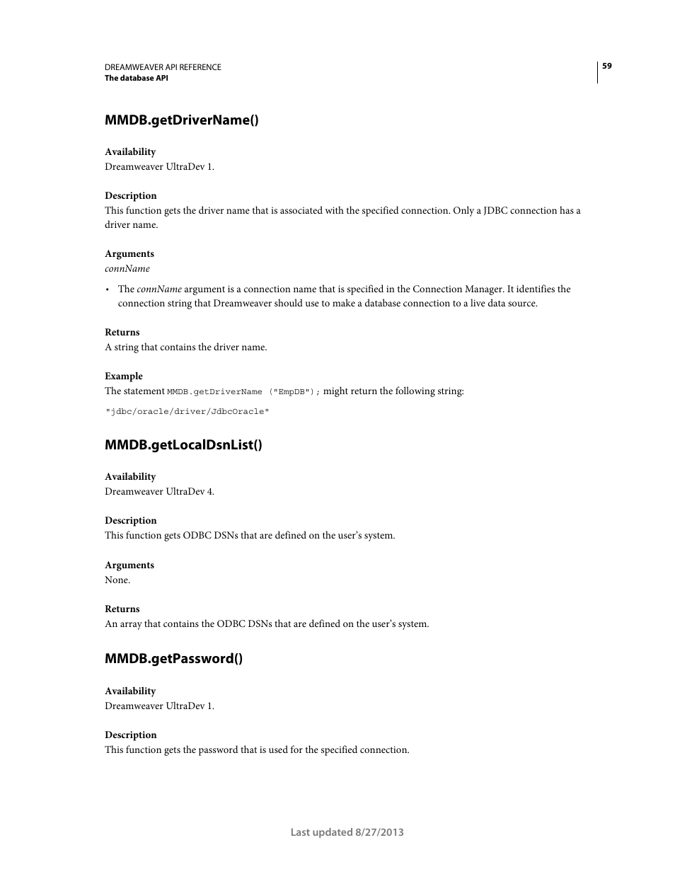 Mmdb.getdrivername(), Mmdb.getlocaldsnlist(), Mmdb.getpassword() | Adobe Dreamweaver API Reference CS5 User Manual | Page 64 / 533