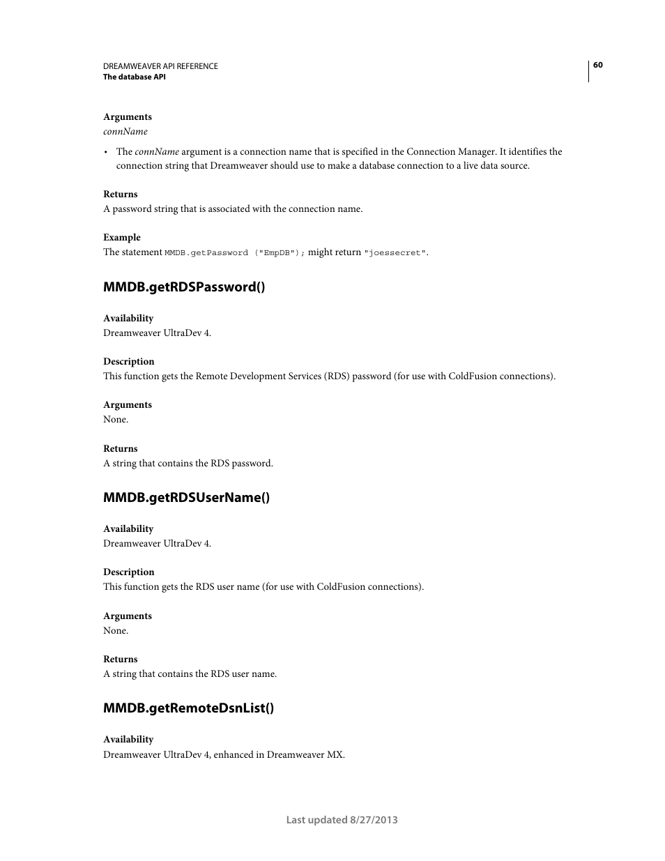 Mmdb.getrdspassword(), Mmdb.getrdsusername(), Mmdb.getremotedsnlist() | Adobe Dreamweaver API Reference CS5 User Manual | Page 65 / 533