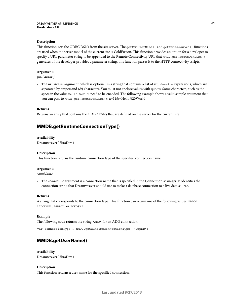 Mmdb.getruntimeconnectiontype(), Mmdb.getusername() | Adobe Dreamweaver API Reference CS5 User Manual | Page 66 / 533