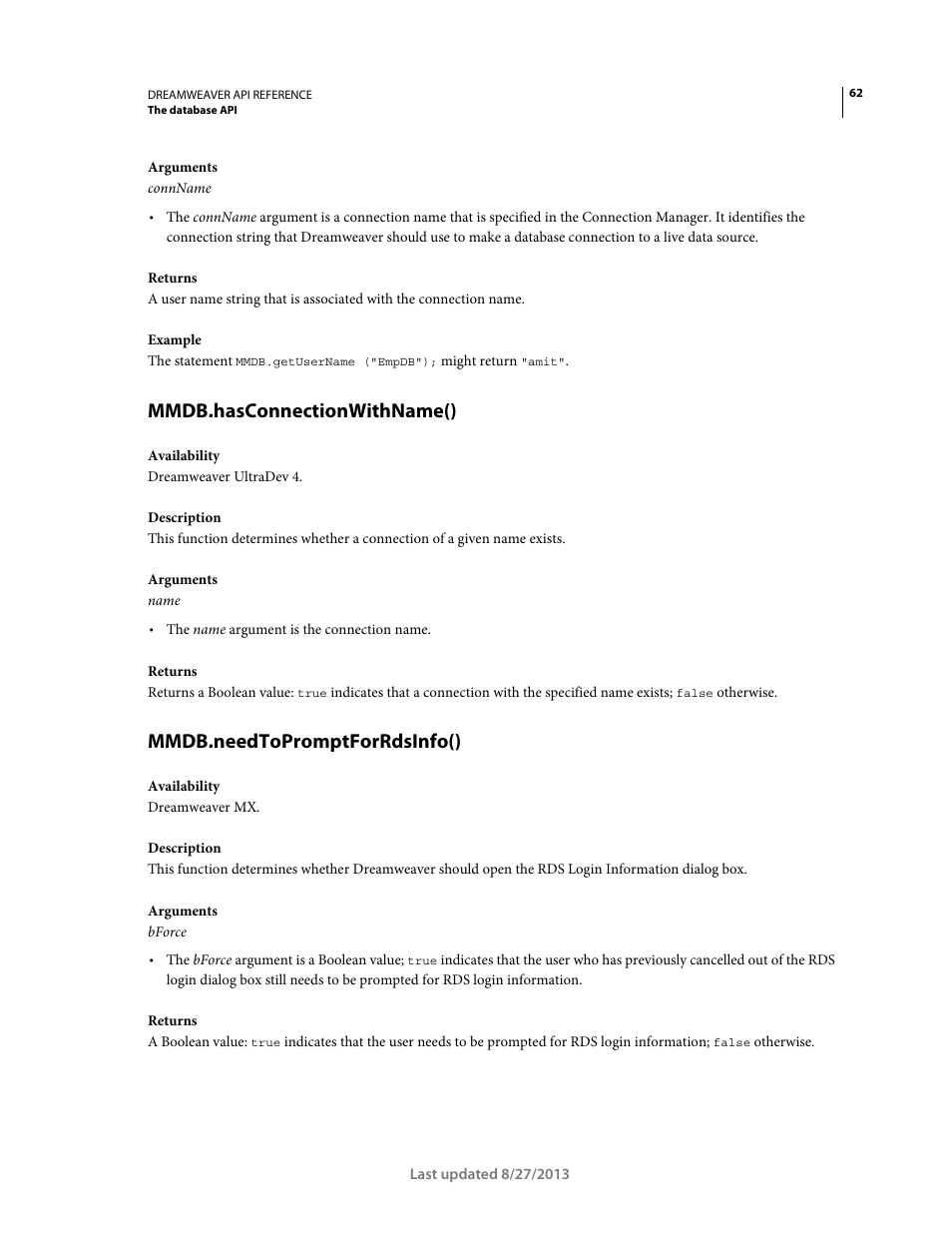 Mmdb.hasconnectionwithname(), Mmdb.needtopromptforrdsinfo() | Adobe Dreamweaver API Reference CS5 User Manual | Page 67 / 533