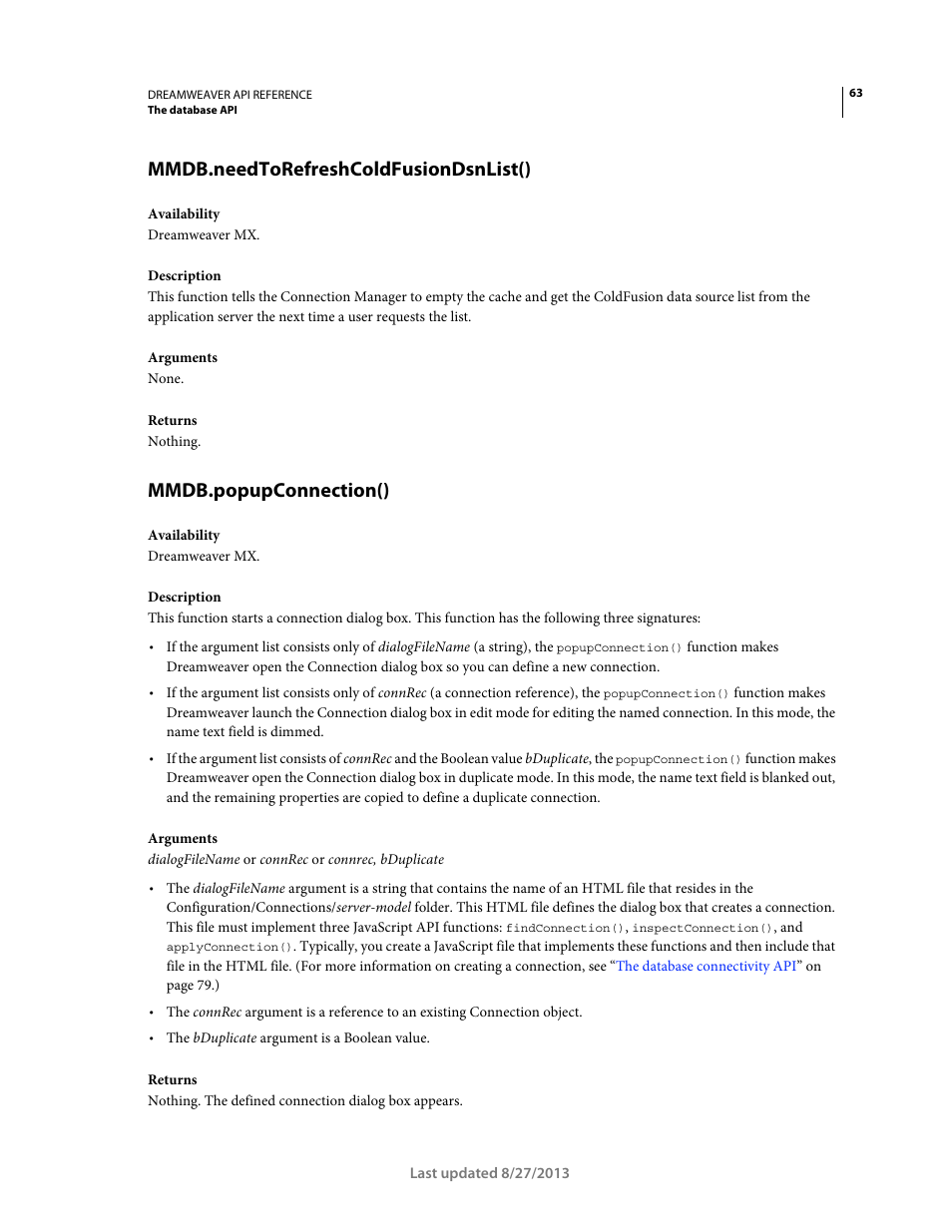 Mmdb.needtorefreshcoldfusiondsnlist(), Mmdb.popupconnection() | Adobe Dreamweaver API Reference CS5 User Manual | Page 68 / 533