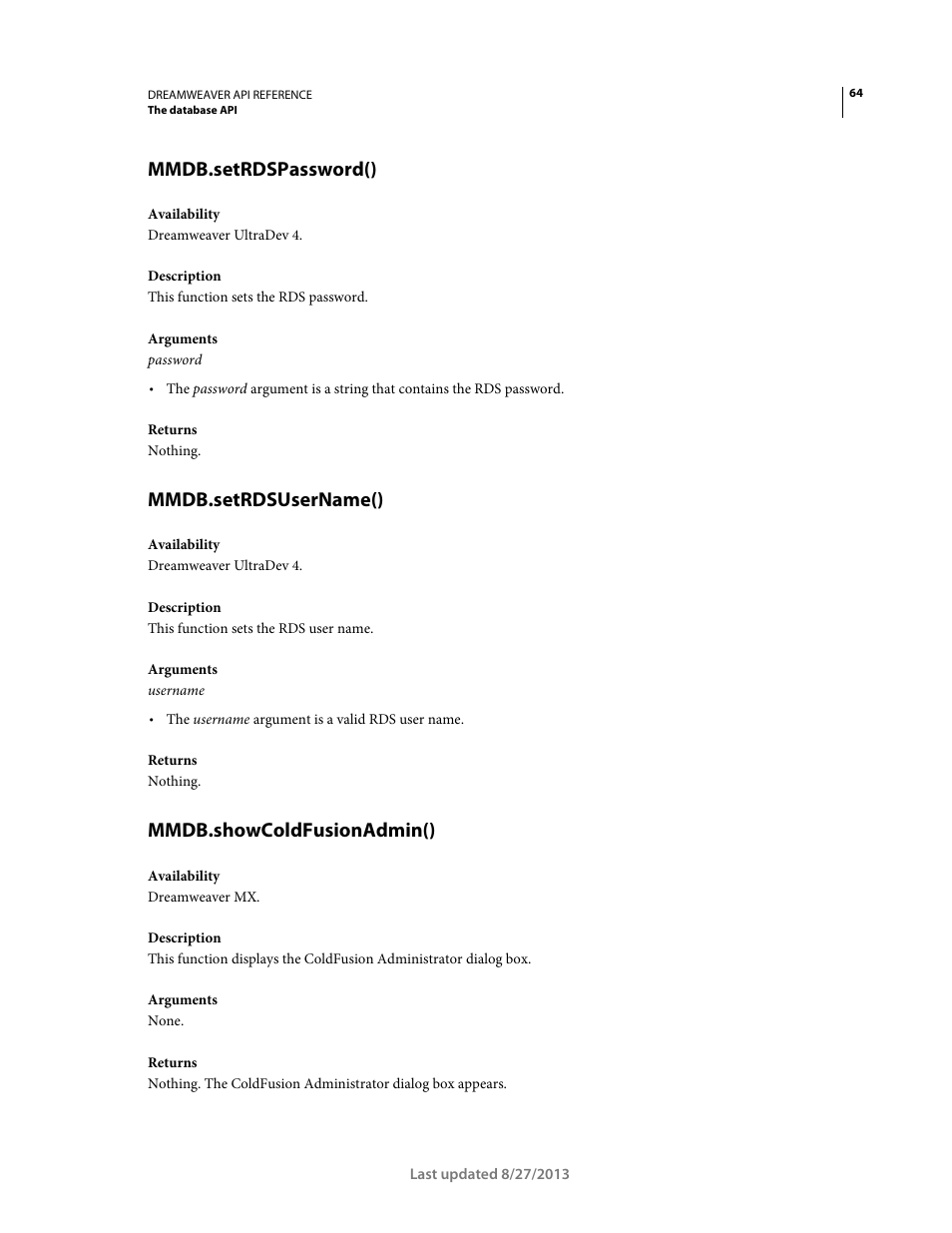 Mmdb.setrdspassword(), Mmdb.setrdsusername(), Mmdb.showcoldfusionadmin() | Adobe Dreamweaver API Reference CS5 User Manual | Page 69 / 533