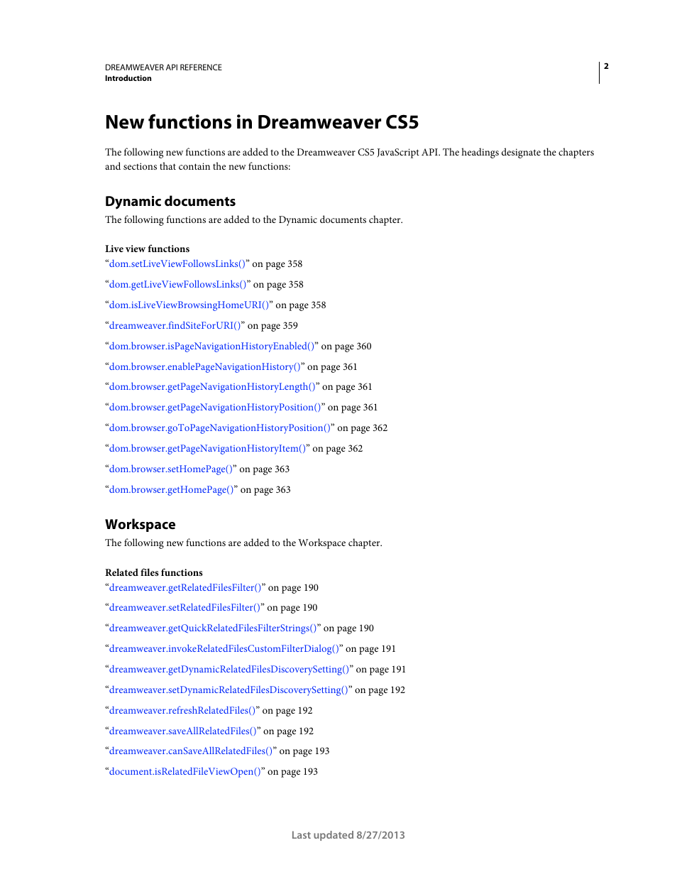 New functions in dreamweaver cs5, Dynamic documents, Workspace | Adobe Dreamweaver API Reference CS5 User Manual | Page 7 / 533