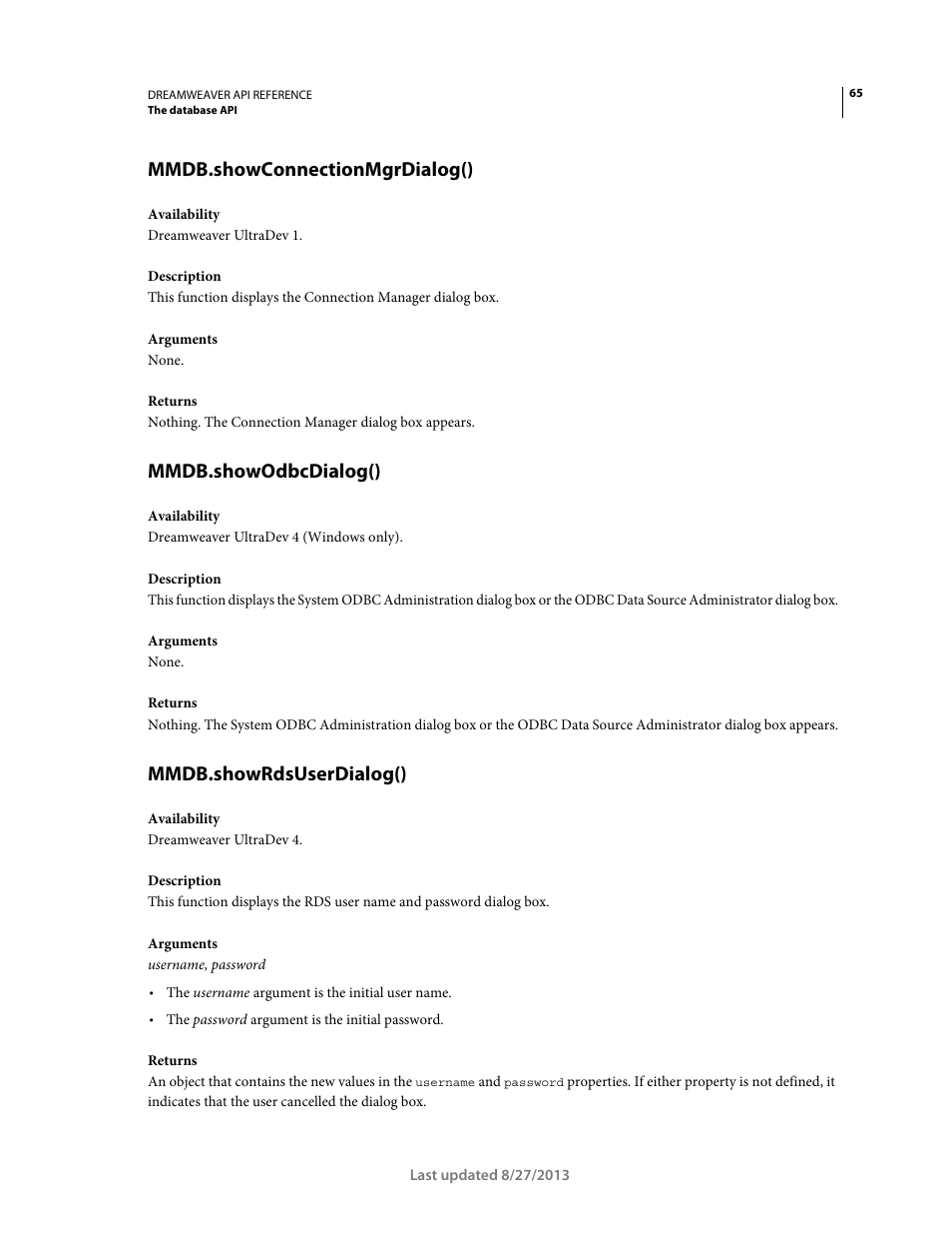 Mmdb.showconnectionmgrdialog(), Mmdb.showodbcdialog(), Mmdb.showrdsuserdialog() | Adobe Dreamweaver API Reference CS5 User Manual | Page 70 / 533