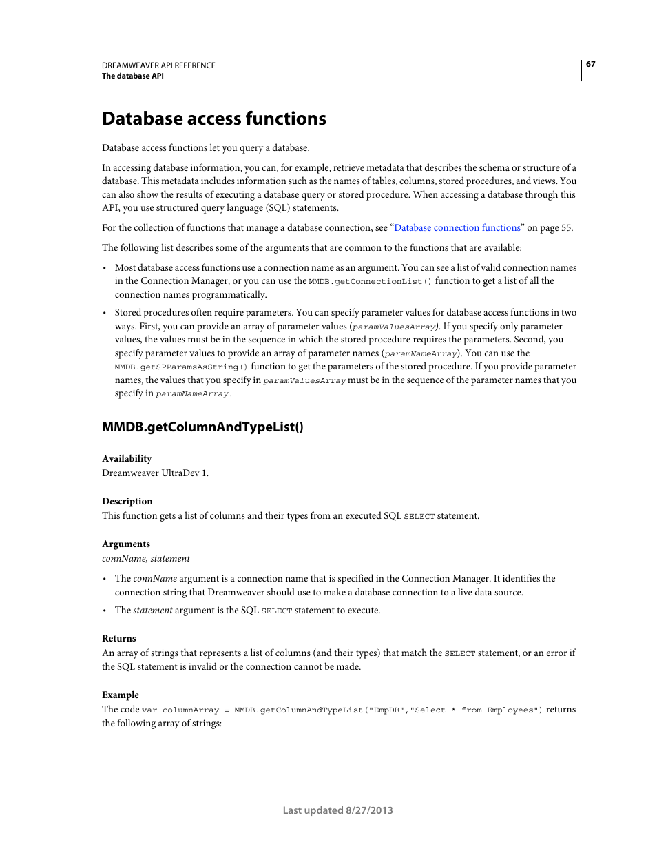 Database access functions, Mmdb.getcolumnandtypelist() | Adobe Dreamweaver API Reference CS5 User Manual | Page 72 / 533