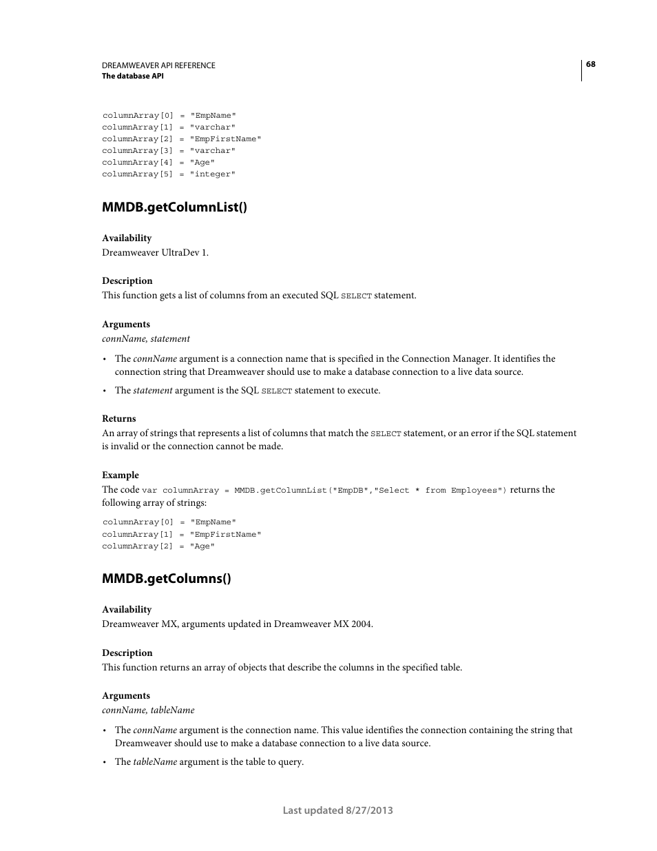 Mmdb.getcolumnlist(), Mmdb.getcolumns() | Adobe Dreamweaver API Reference CS5 User Manual | Page 73 / 533