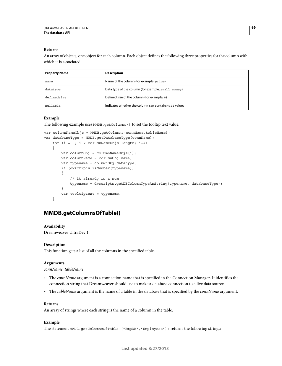 Mmdb.getcolumnsoftable() | Adobe Dreamweaver API Reference CS5 User Manual | Page 74 / 533