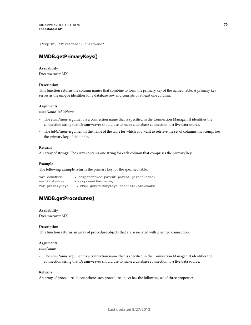 Mmdb.getprimarykeys(), Mmdb.getprocedures() | Adobe Dreamweaver API Reference CS5 User Manual | Page 75 / 533