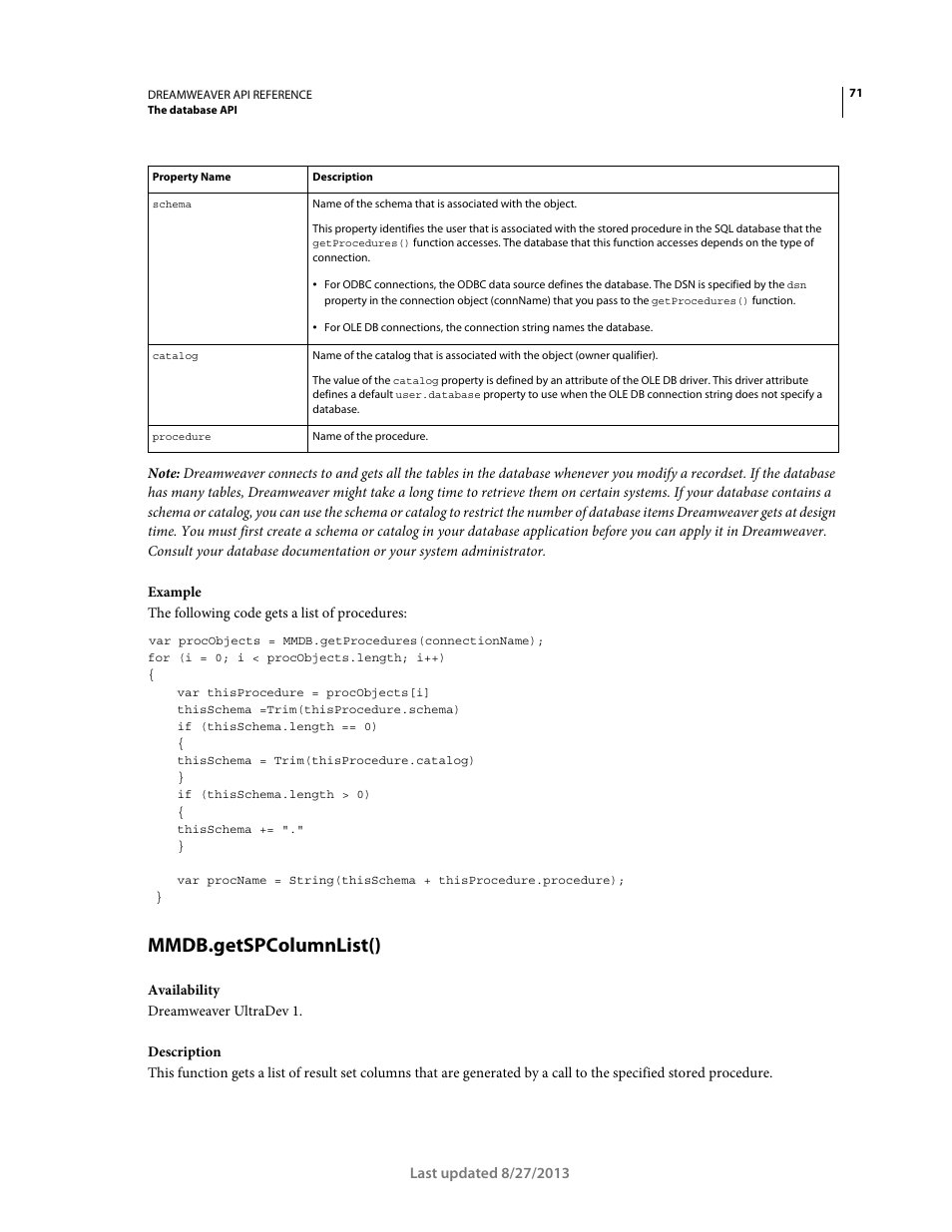 Mmdb.getspcolumnlist() | Adobe Dreamweaver API Reference CS5 User Manual | Page 76 / 533