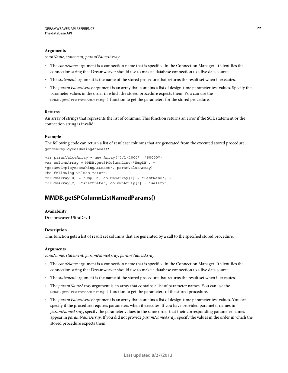 Mmdb.getspcolumnlistnamedparams() | Adobe Dreamweaver API Reference CS5 User Manual | Page 77 / 533