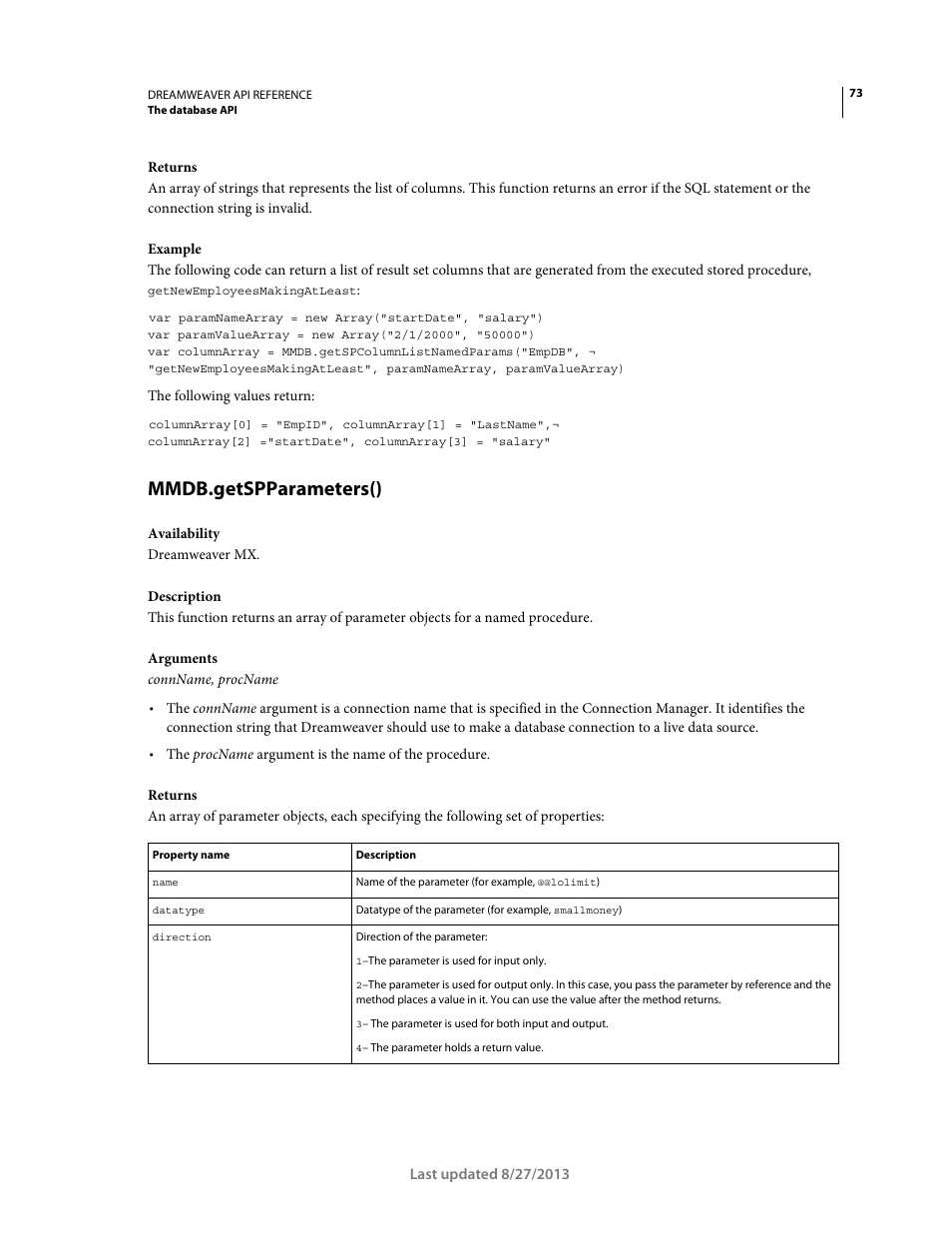 Mmdb.getspparameters() | Adobe Dreamweaver API Reference CS5 User Manual | Page 78 / 533