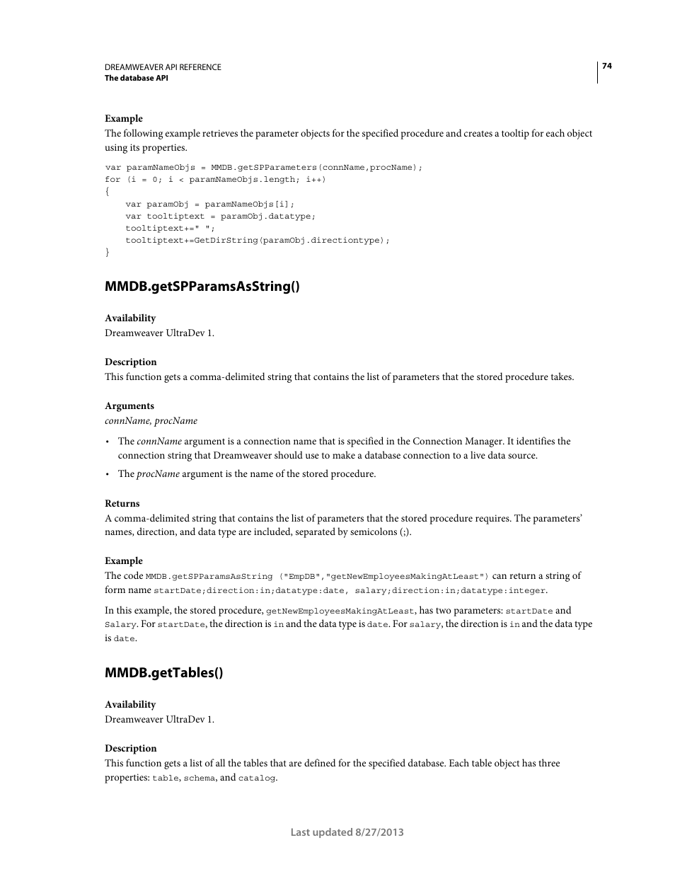 Mmdb.getspparamsasstring(), Mmdb.gettables() | Adobe Dreamweaver API Reference CS5 User Manual | Page 79 / 533