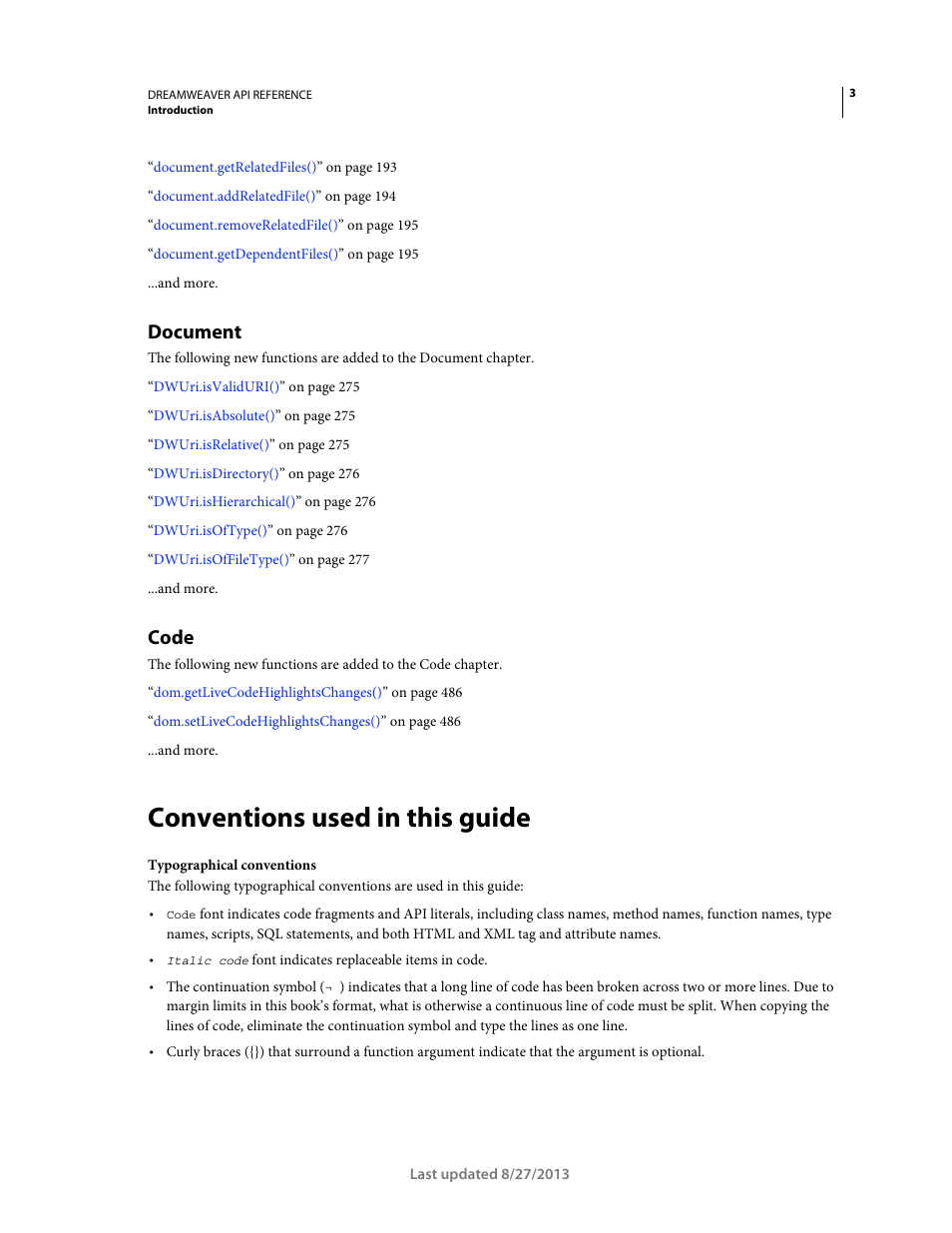 Document, Code, Conventions used in this guide | Adobe Dreamweaver API Reference CS5 User Manual | Page 8 / 533