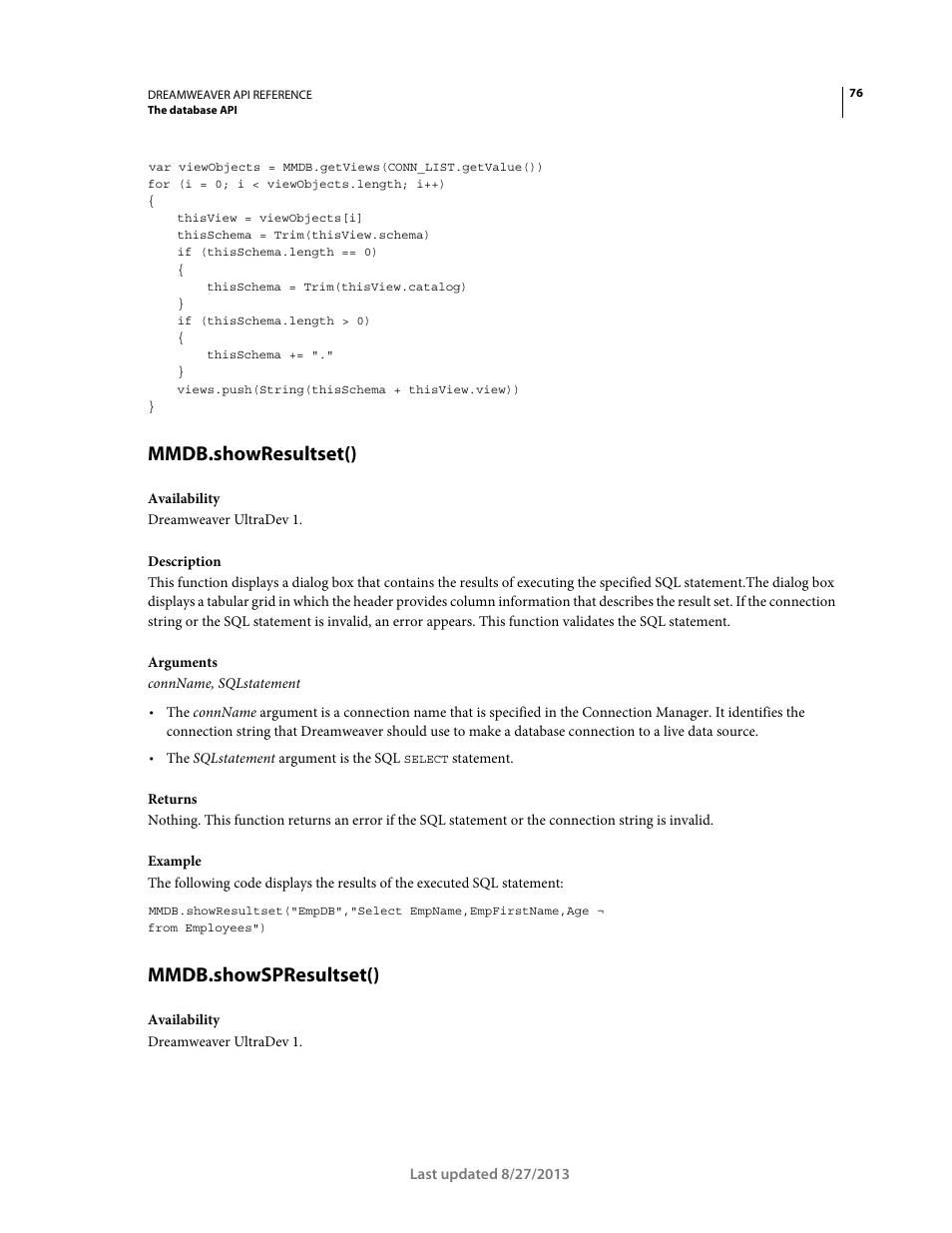Mmdb.showresultset(), Mmdb.showspresultset() | Adobe Dreamweaver API Reference CS5 User Manual | Page 81 / 533