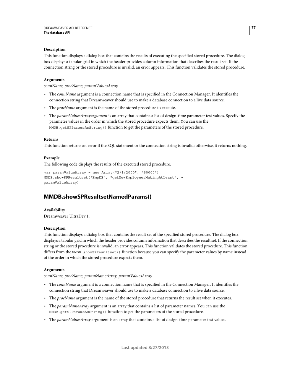 Mmdb.showspresultsetnamedparams() | Adobe Dreamweaver API Reference CS5 User Manual | Page 82 / 533