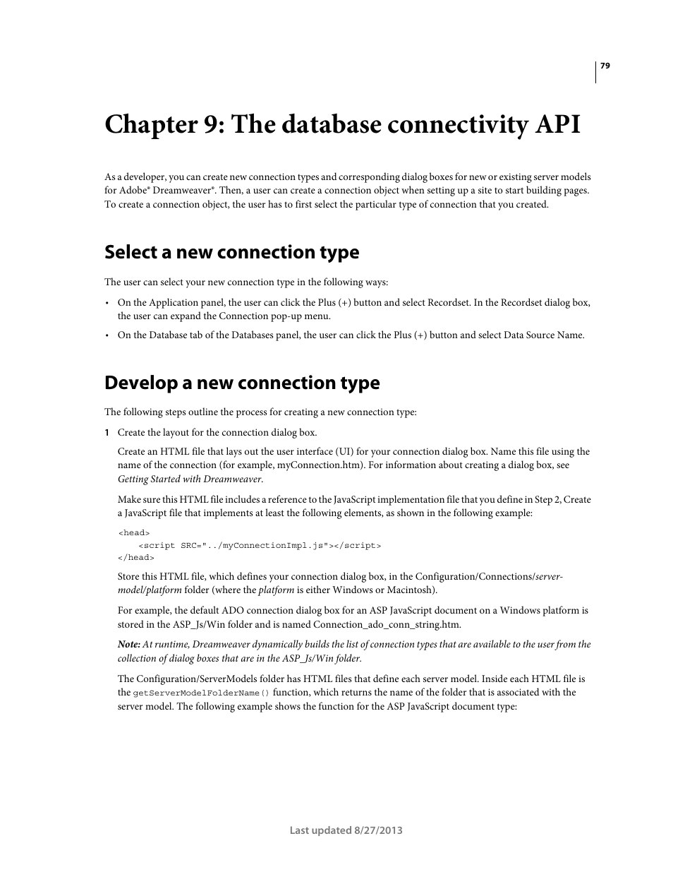 Chapter 9: the database connectivity api, Select a new connection type, Develop a new connection type | The database connectivity api | Adobe Dreamweaver API Reference CS5 User Manual | Page 84 / 533