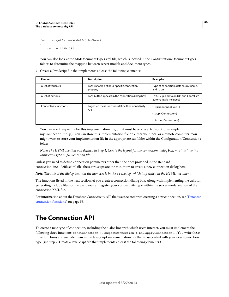 The connection api | Adobe Dreamweaver API Reference CS5 User Manual | Page 85 / 533