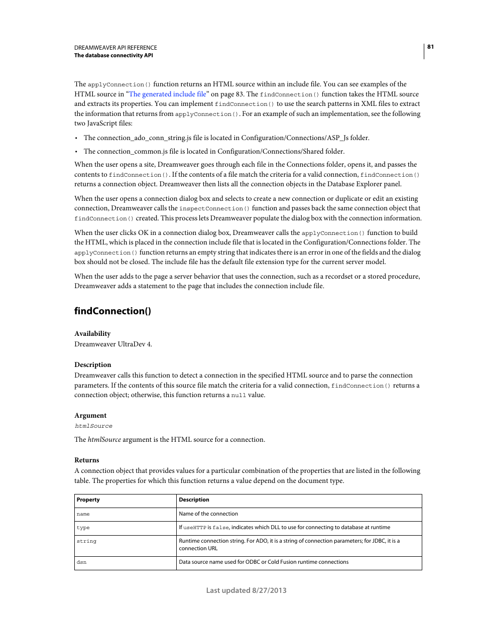 Findconnection() | Adobe Dreamweaver API Reference CS5 User Manual | Page 86 / 533