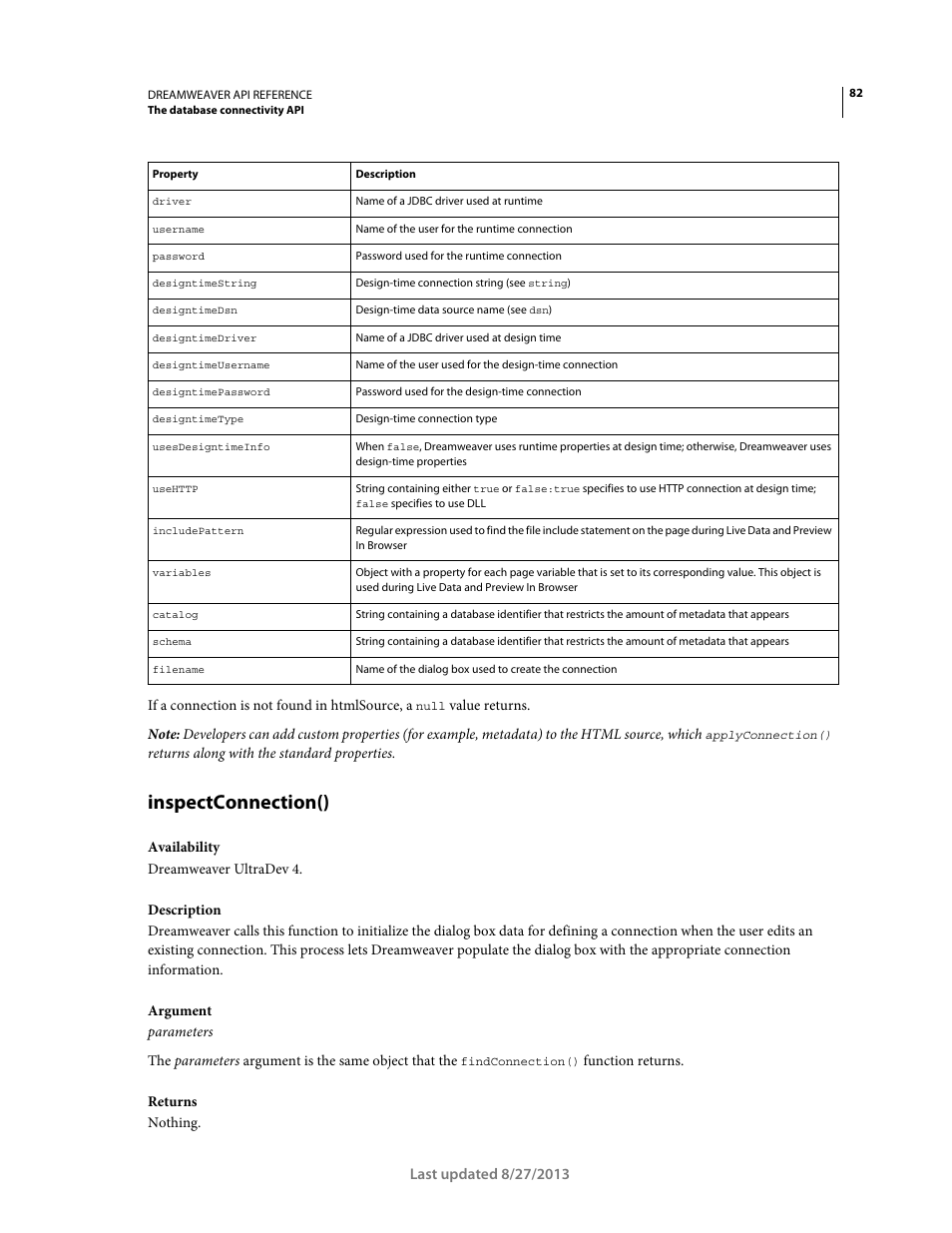 Inspectconnection() | Adobe Dreamweaver API Reference CS5 User Manual | Page 87 / 533