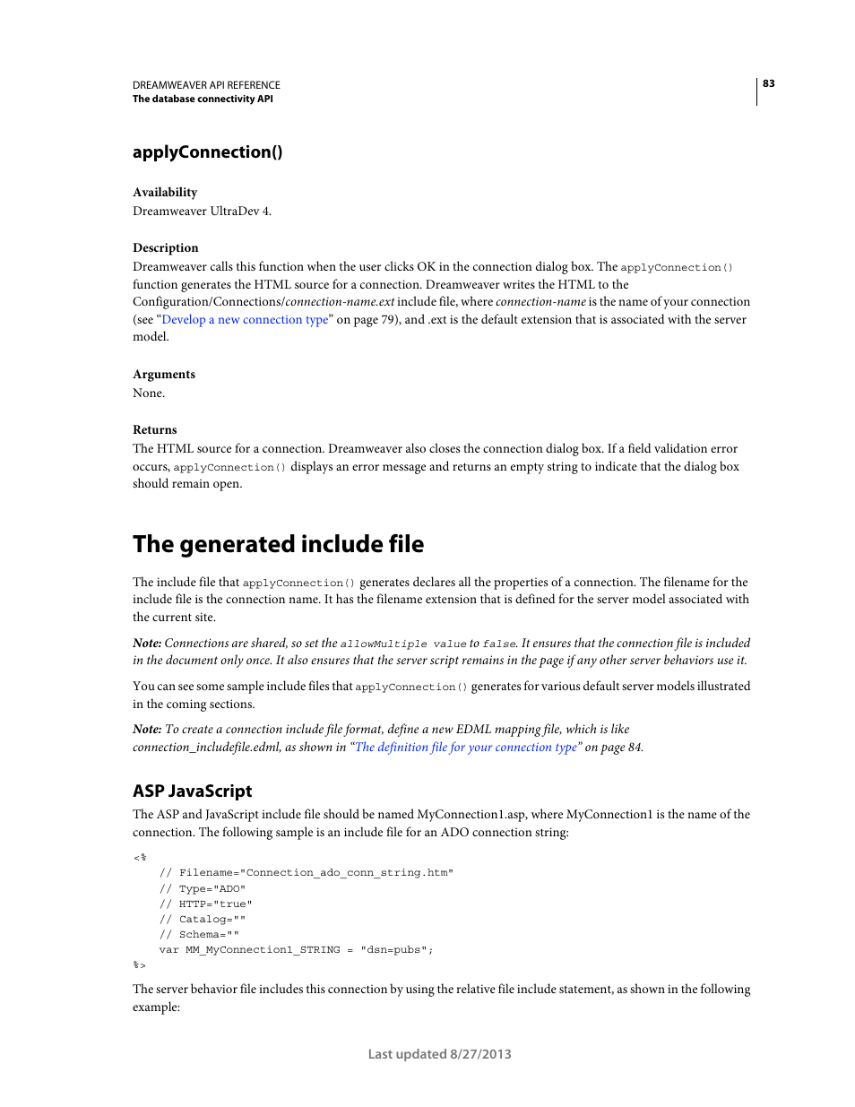Applyconnection(), The generated include file, Asp javascript | Adobe Dreamweaver API Reference CS5 User Manual | Page 88 / 533