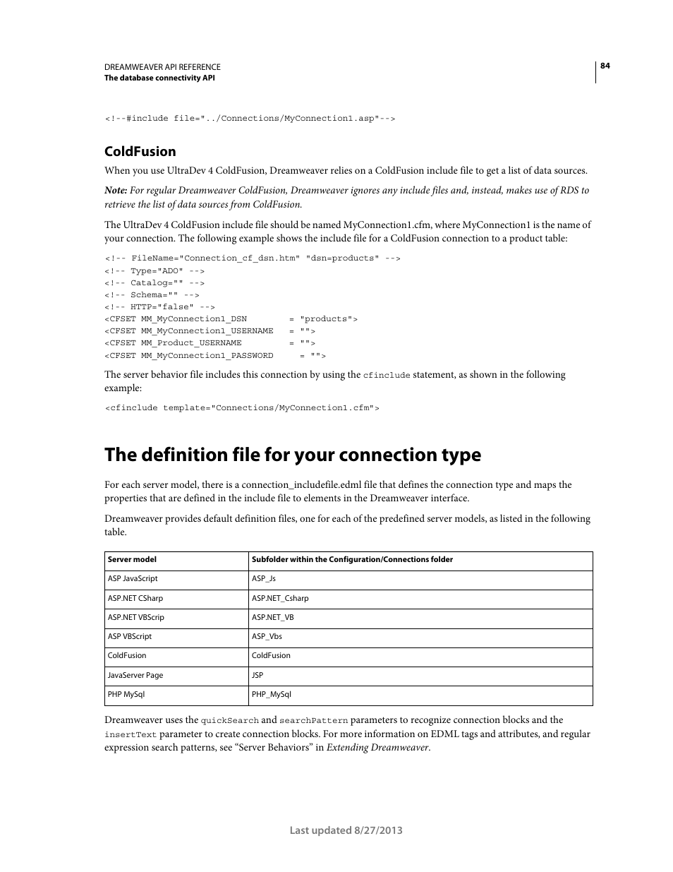 Coldfusion, The definition file for your connection type | Adobe Dreamweaver API Reference CS5 User Manual | Page 89 / 533