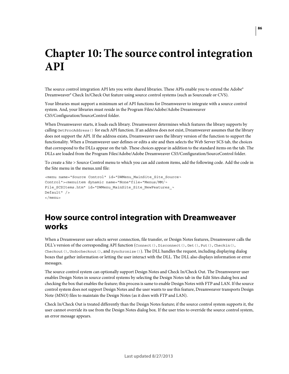 Chapter 10: the source control integration api | Adobe Dreamweaver API Reference CS5 User Manual | Page 91 / 533