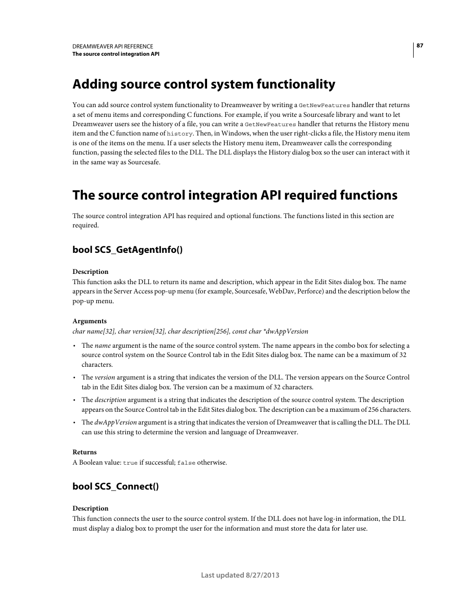 Adding source control system functionality, Bool scs_getagentinfo(), Bool scs_connect() | Adobe Dreamweaver API Reference CS5 User Manual | Page 92 / 533