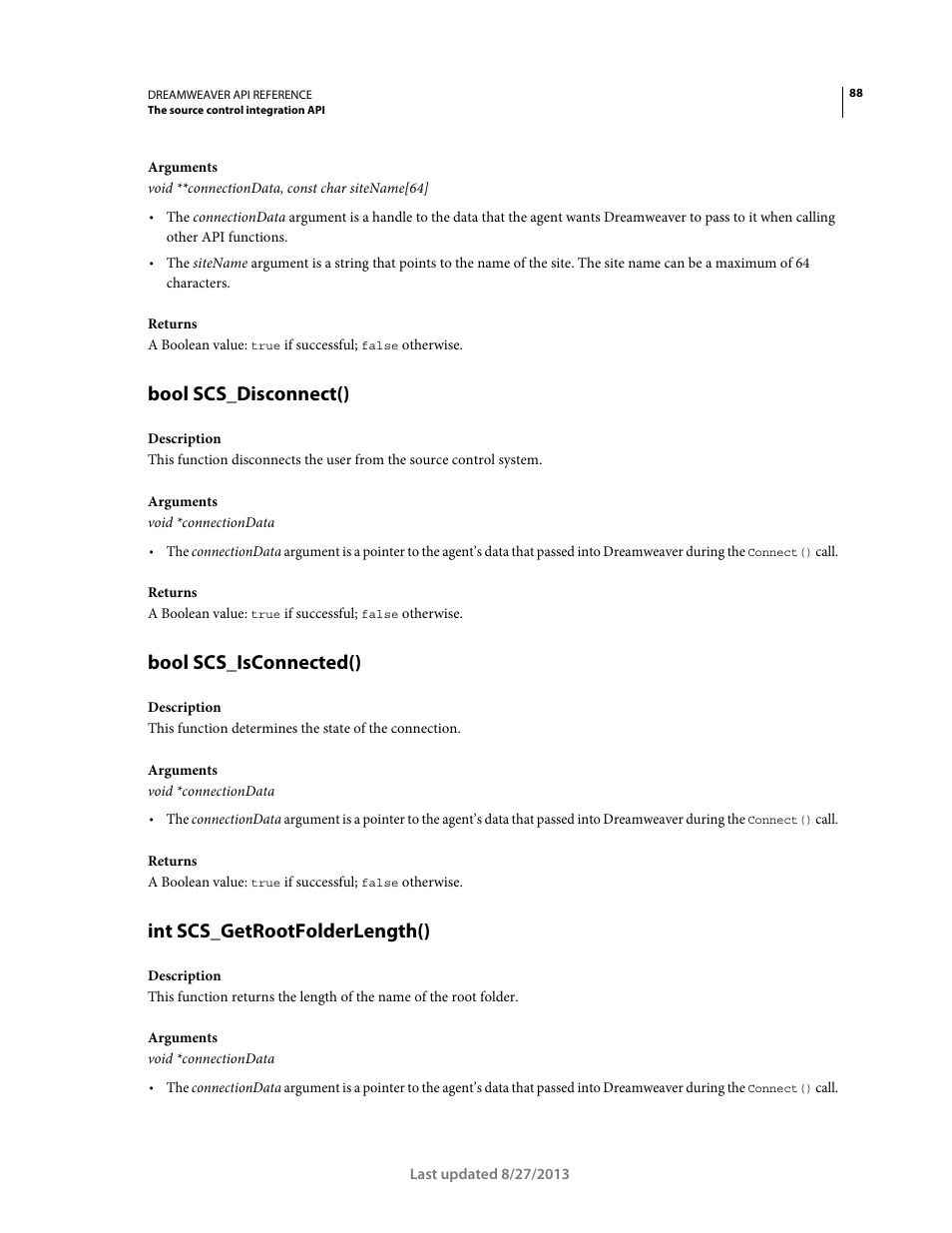Bool scs_disconnect(), Bool scs_isconnected(), Int scs_getrootfolderlength() | Adobe Dreamweaver API Reference CS5 User Manual | Page 93 / 533
