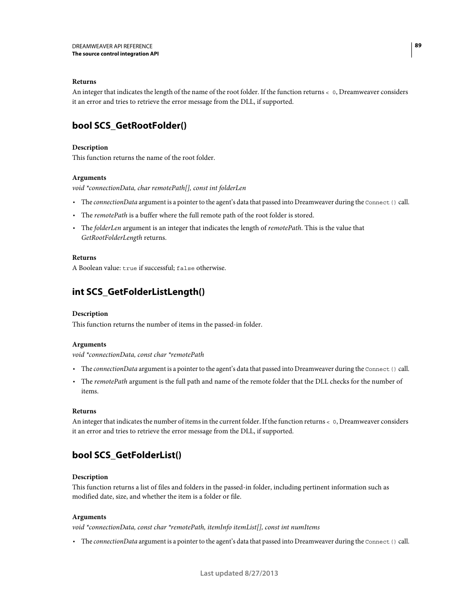 Bool scs_getrootfolder(), Int scs_getfolderlistlength(), Bool scs_getfolderlist() | Adobe Dreamweaver API Reference CS5 User Manual | Page 94 / 533