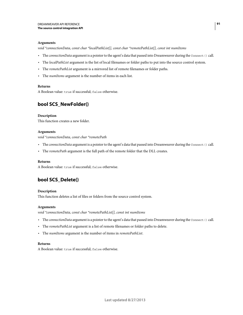Bool scs_newfolder(), Bool scs_delete() | Adobe Dreamweaver API Reference CS5 User Manual | Page 96 / 533