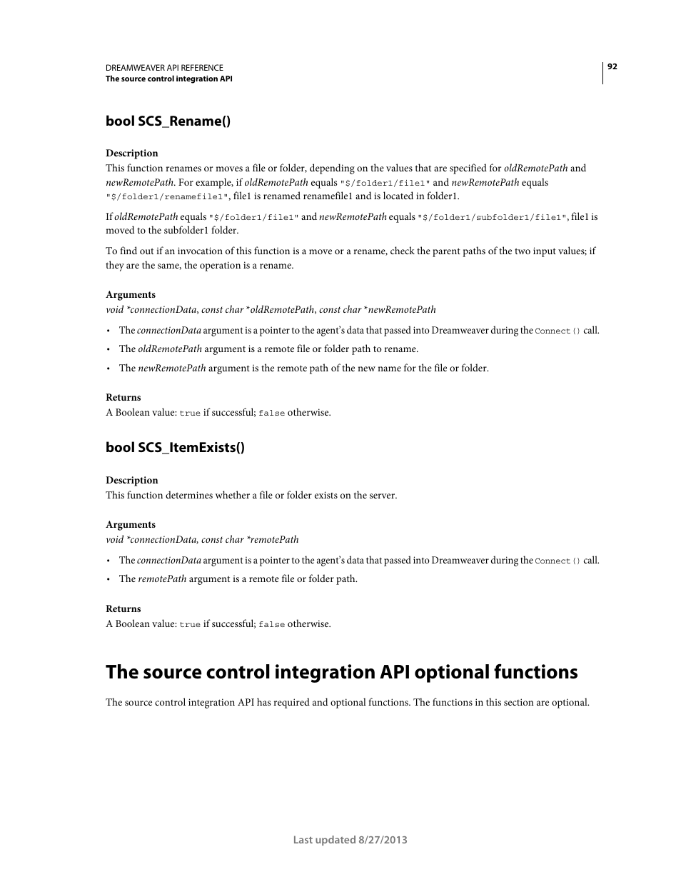 Bool scs_rename(), Bool scs_itemexists() | Adobe Dreamweaver API Reference CS5 User Manual | Page 97 / 533