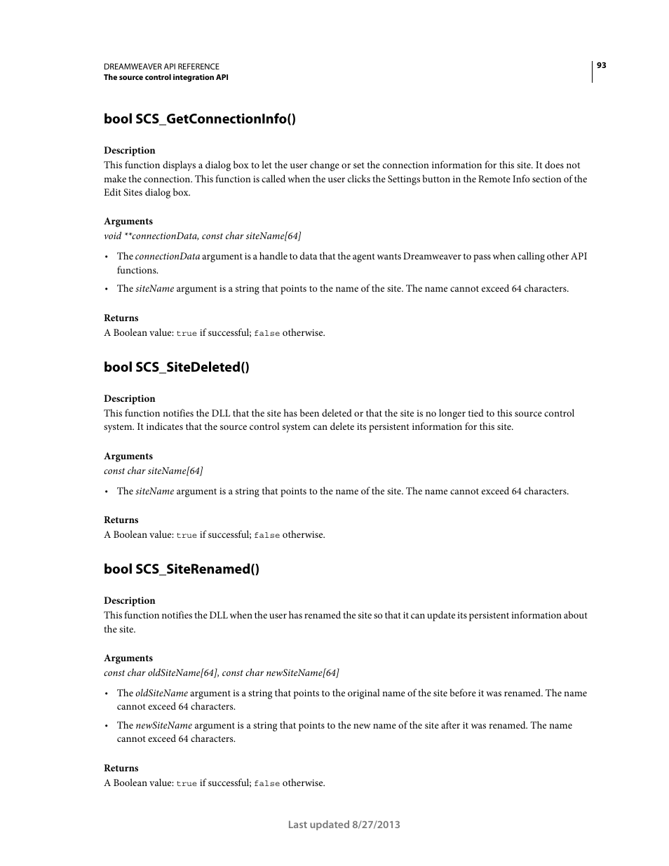 Bool scs_getconnectioninfo(), Bool scs_sitedeleted(), Bool scs_siterenamed() | Adobe Dreamweaver API Reference CS5 User Manual | Page 98 / 533
