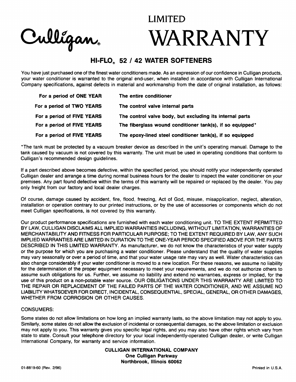 Warranty | Culligan Model 900 User Manual | Page 6 / 15