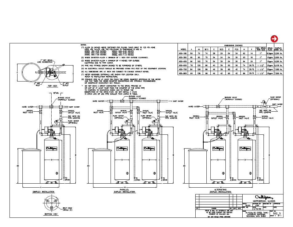 Technical drawing (steel tanks), Hi-flo 52 | Culligan Model 900 User Manual | Page 7 / 15