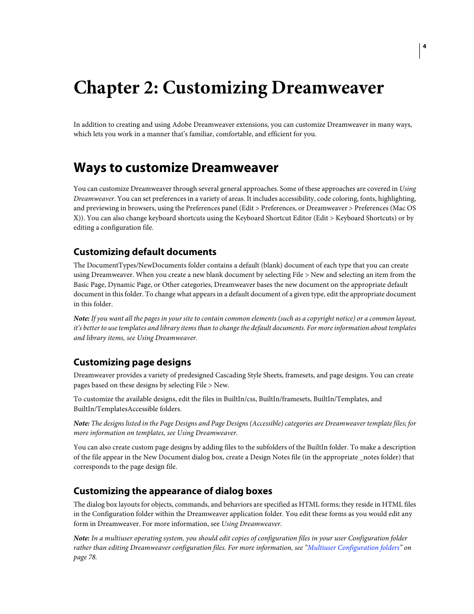 Chapter 2: customizing dreamweaver, Ways to customize dreamweaver, Customizing default documents | Customizing the appearance of dialog boxes | Adobe Extending Dreamweaver CS4 User Manual | Page 10 / 387