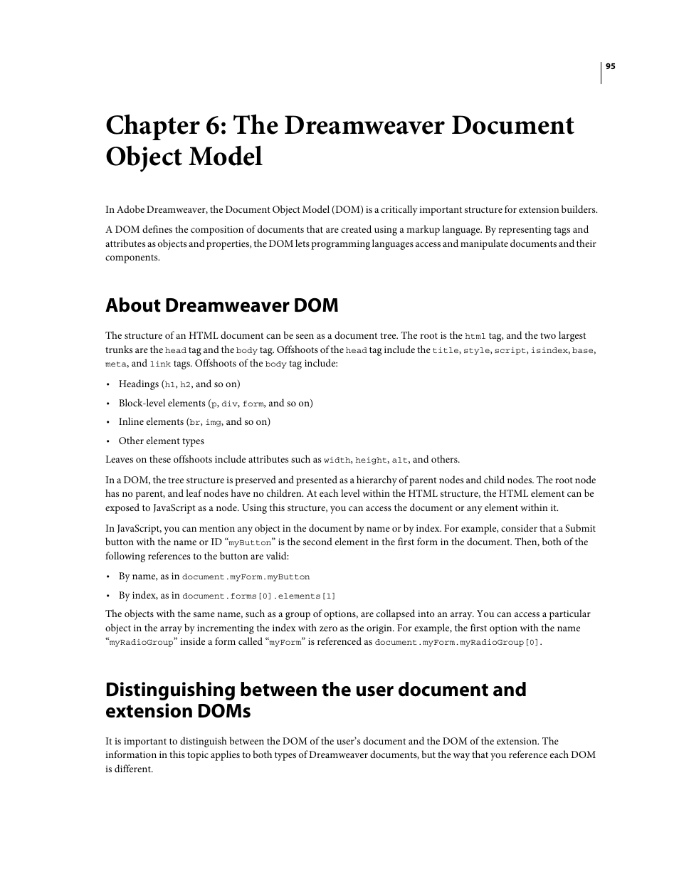 Chapter 6: the dreamweaver document object model, About dreamweaver dom, Dreamweaver document object model | Adobe Extending Dreamweaver CS4 User Manual | Page 101 / 387