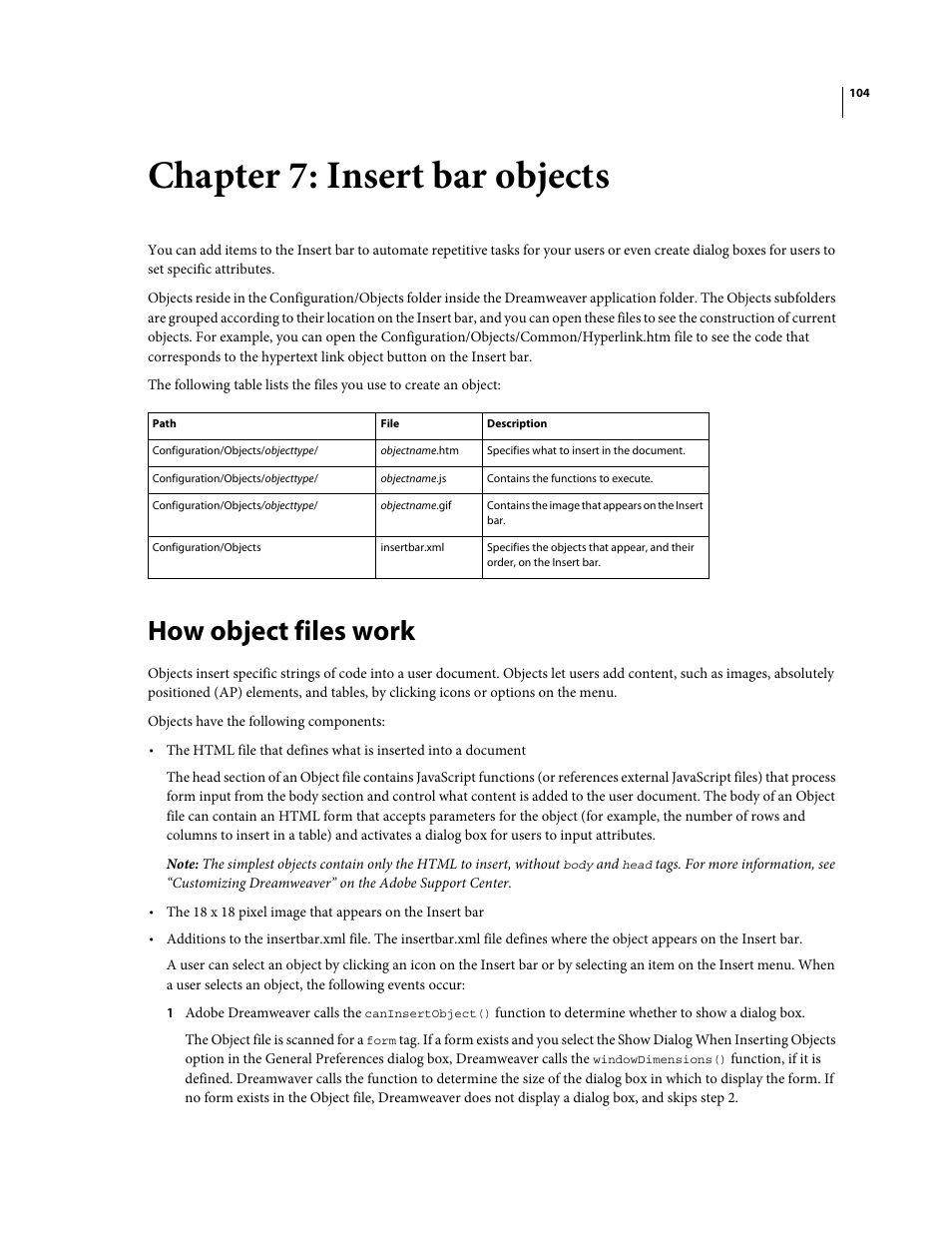 Chapter 7: insert bar objects, How object files work, Insert bar objects | Adobe Extending Dreamweaver CS4 User Manual | Page 110 / 387