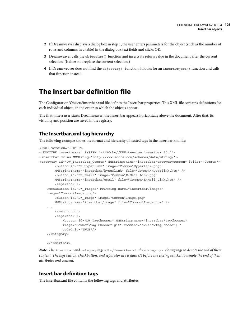 The insert bar definition file, The insertbar.xml tag hierarchy, Insert bar definition tags | Adobe Extending Dreamweaver CS4 User Manual | Page 111 / 387