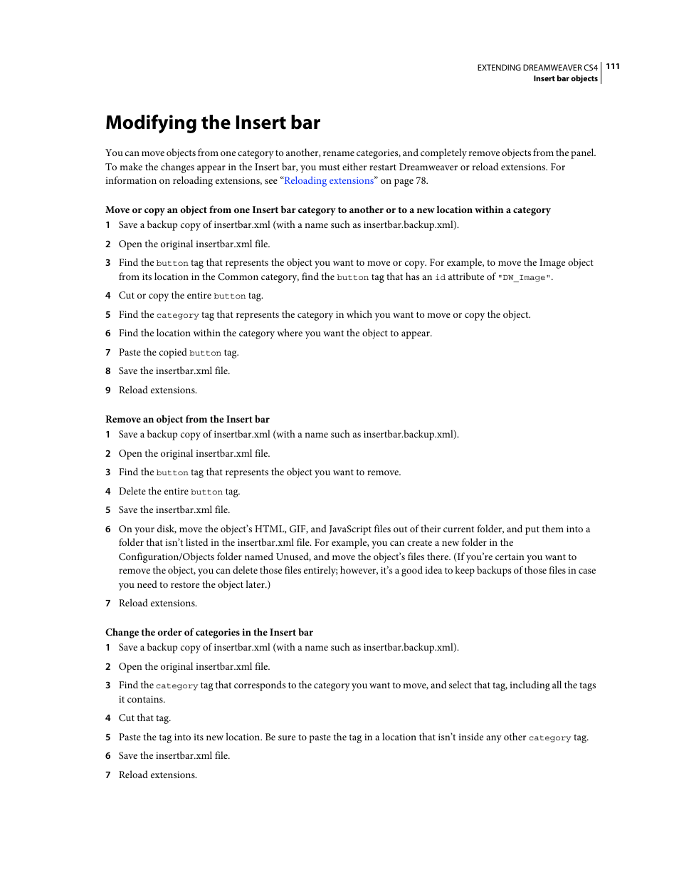 Modifying the insert bar | Adobe Extending Dreamweaver CS4 User Manual | Page 117 / 387