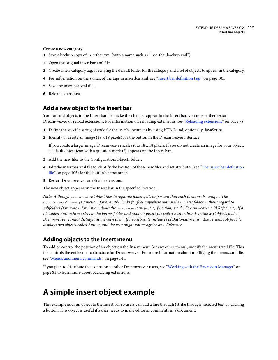 Add a new object to the insert bar, Adding objects to the insert menu, A simple insert object example | Adobe Extending Dreamweaver CS4 User Manual | Page 118 / 387