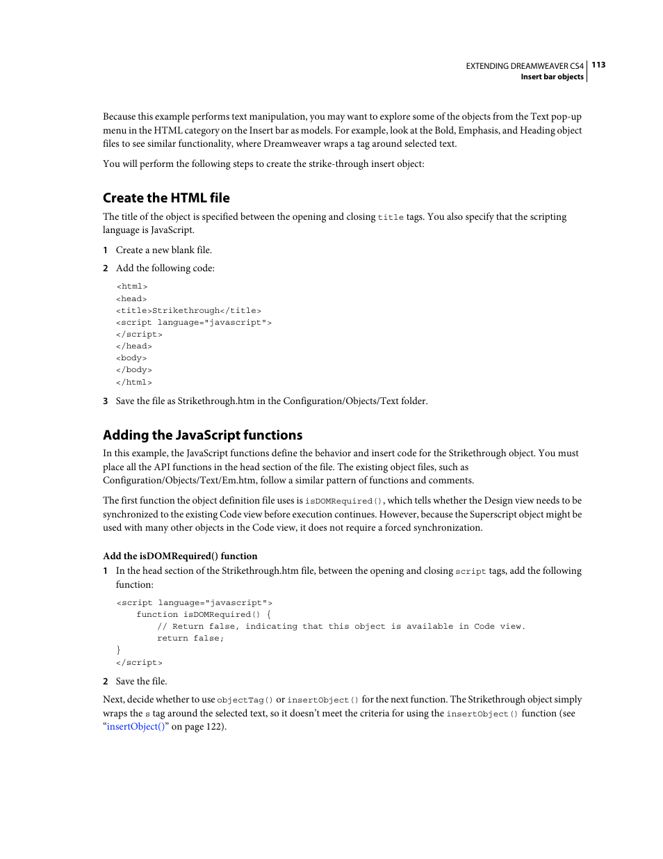 Create the html file, Adding the javascript functions | Adobe Extending Dreamweaver CS4 User Manual | Page 119 / 387