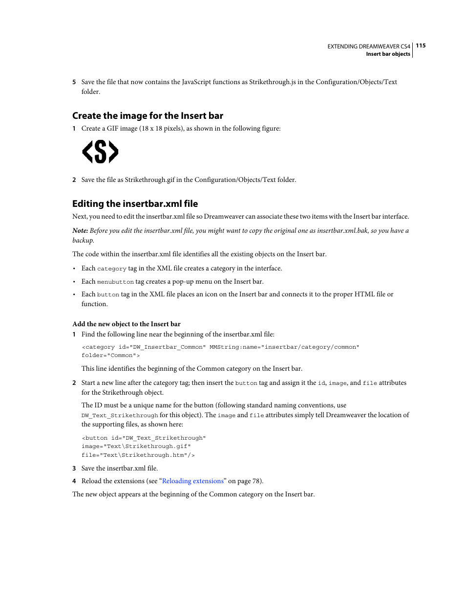 Create the image for the insert bar, Editing the insertbar.xml file | Adobe Extending Dreamweaver CS4 User Manual | Page 121 / 387