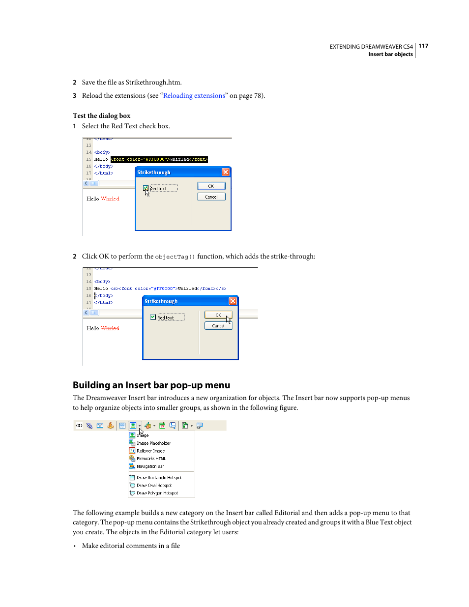 Building an insert bar pop-up menu | Adobe Extending Dreamweaver CS4 User Manual | Page 123 / 387