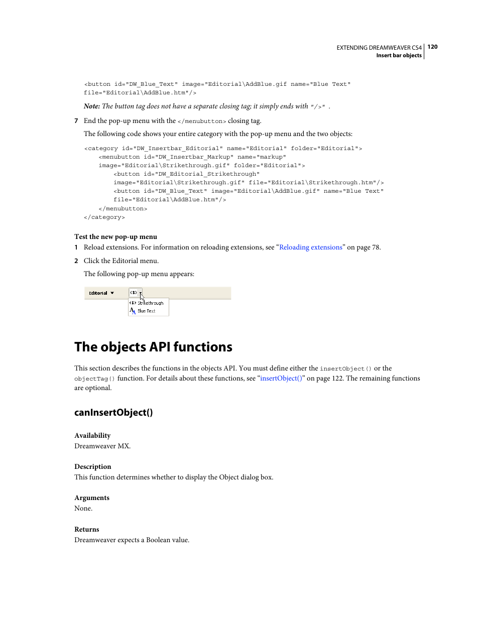 The objects api functions, Caninsertobject() | Adobe Extending Dreamweaver CS4 User Manual | Page 126 / 387