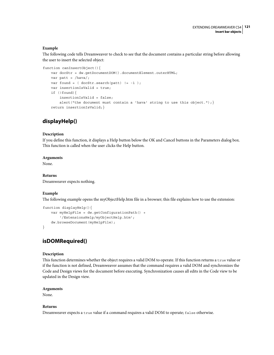 Displayhelp(), Isdomrequired() | Adobe Extending Dreamweaver CS4 User Manual | Page 127 / 387