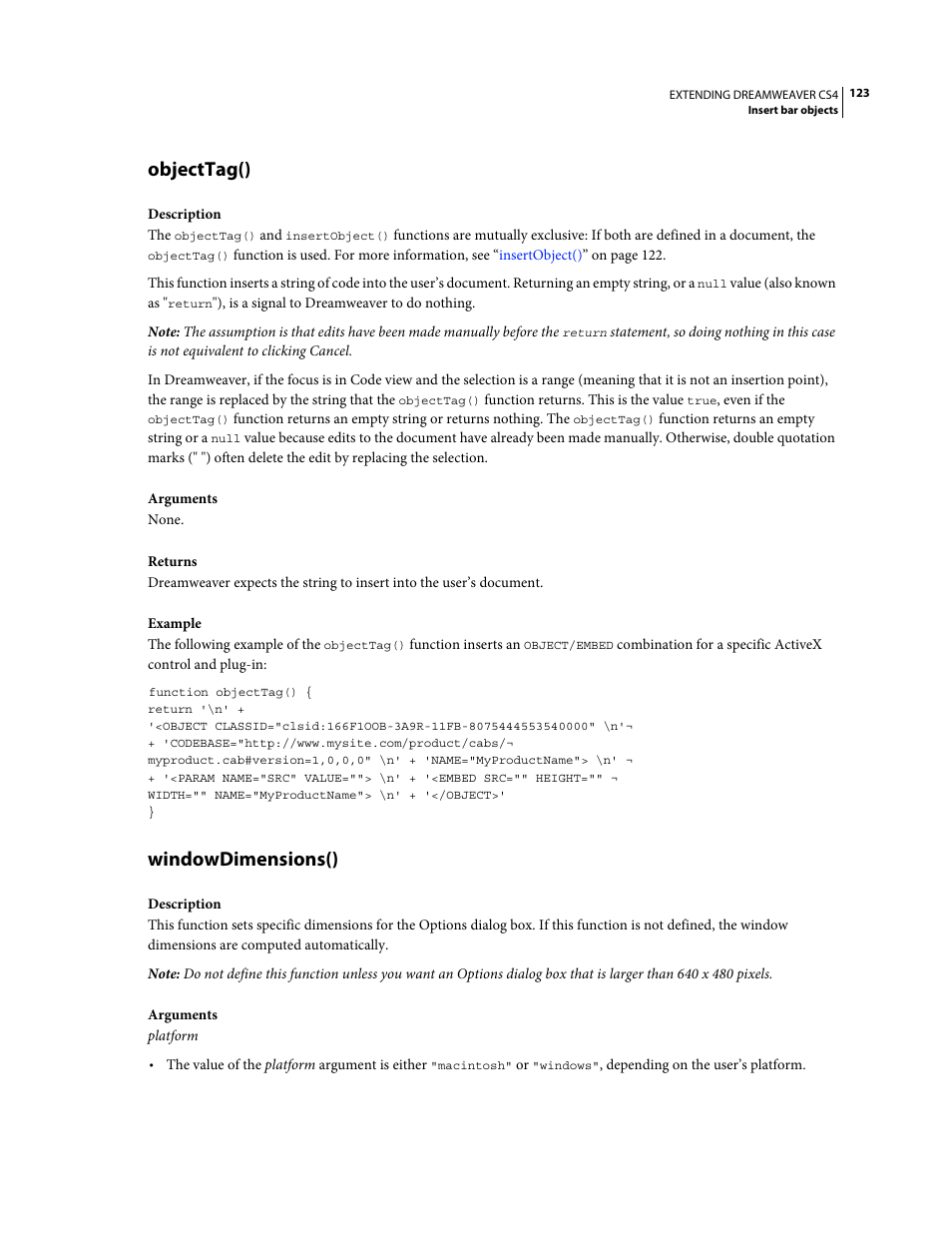 Objecttag(), Windowdimensions() | Adobe Extending Dreamweaver CS4 User Manual | Page 129 / 387