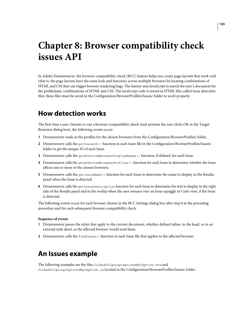 Chapter 8: browser compatibility check issues api, How detection works, An issues example | Adobe Extending Dreamweaver CS4 User Manual | Page 131 / 387