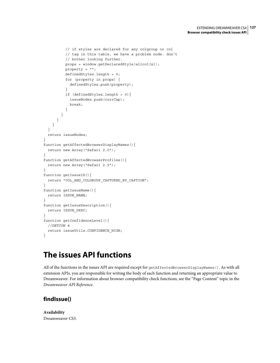 The issues api functions, Findissue() | Adobe Extending Dreamweaver CS4 User Manual | Page 133 / 387